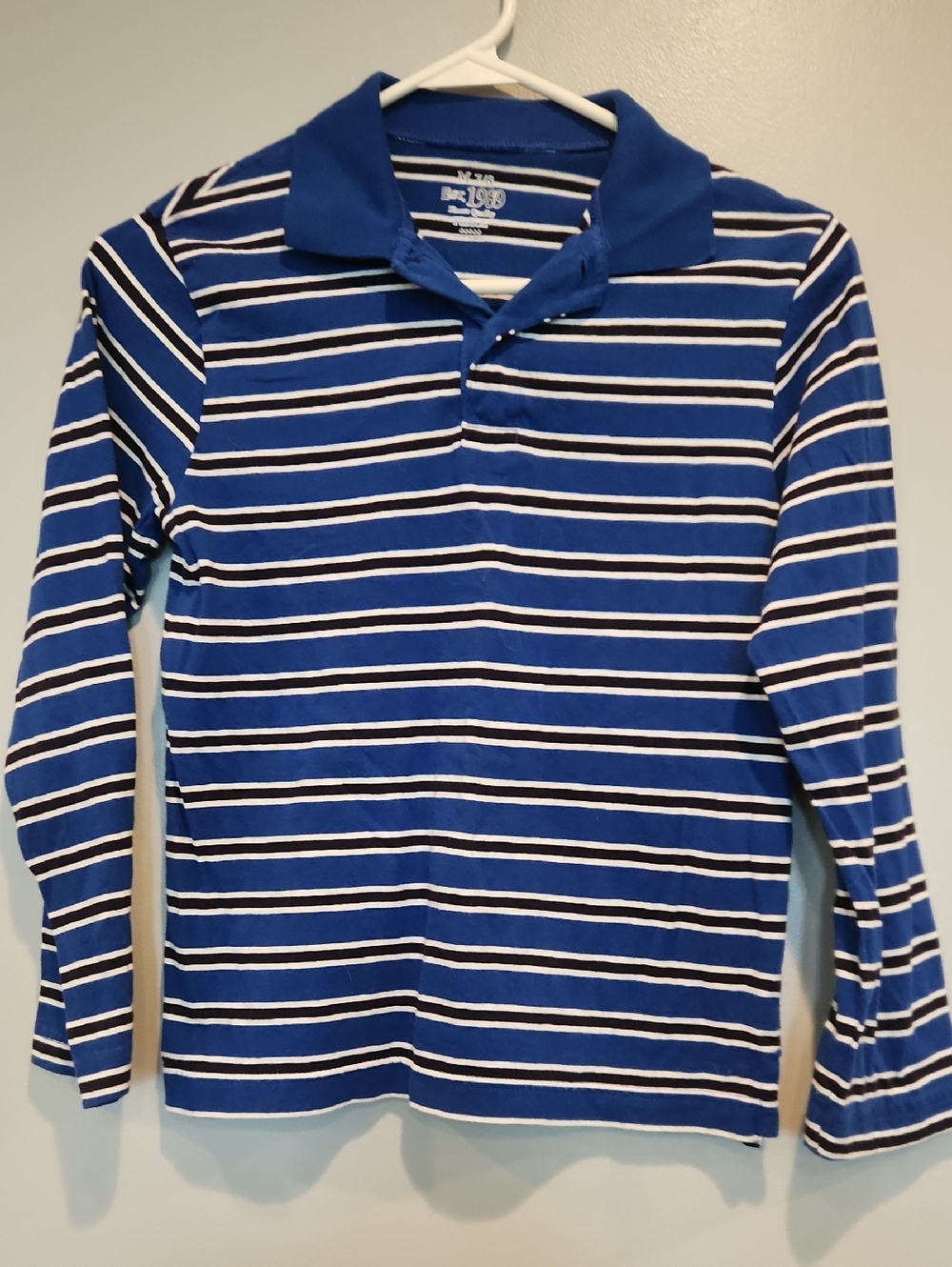 Childrens Place Boys Blue White and Black Striped Long-Sleeve Polo Size M (7/8)